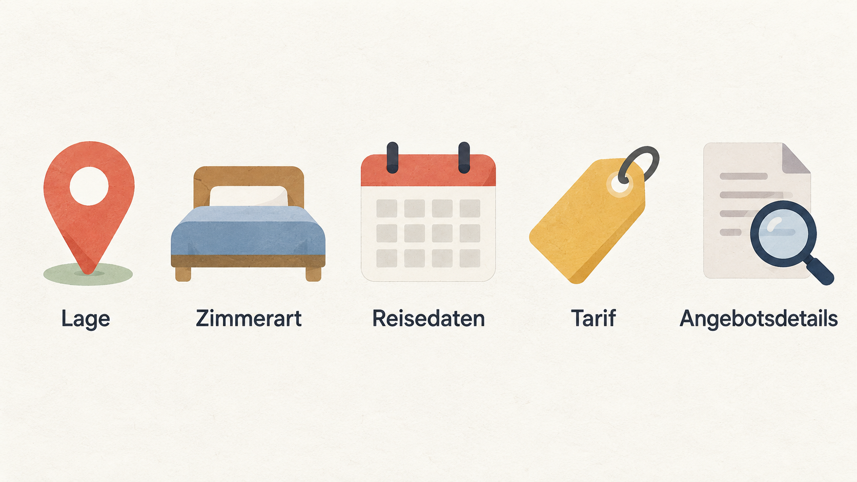 Eine nummerierte Checkliste mit fünf Prüfpunkten aus dem Abschnitt: gleiche Reisedaten, Gesamtpreis, enthaltene und zusätzliche Leistungen, Zahlungszeitpunkt und Zimmerbelegung