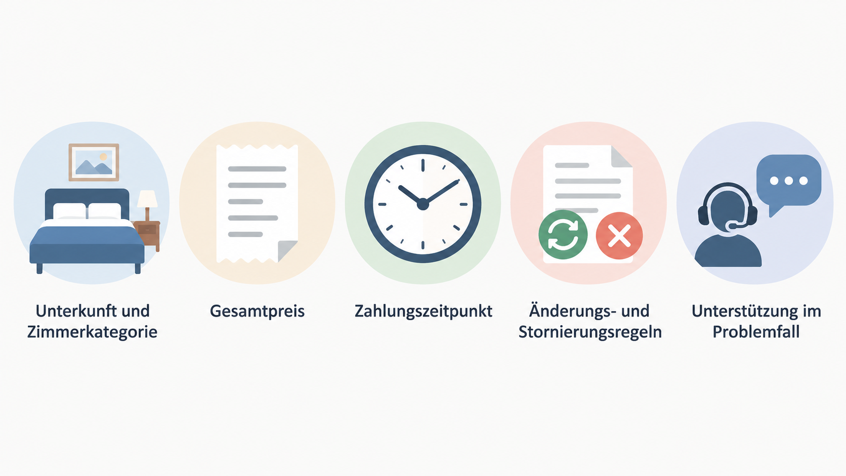 Eine einfache Reihe aus fünf Icons zeigt die im Abschnitt genannten Vergleichspunkte für Hotelbuchungen.
