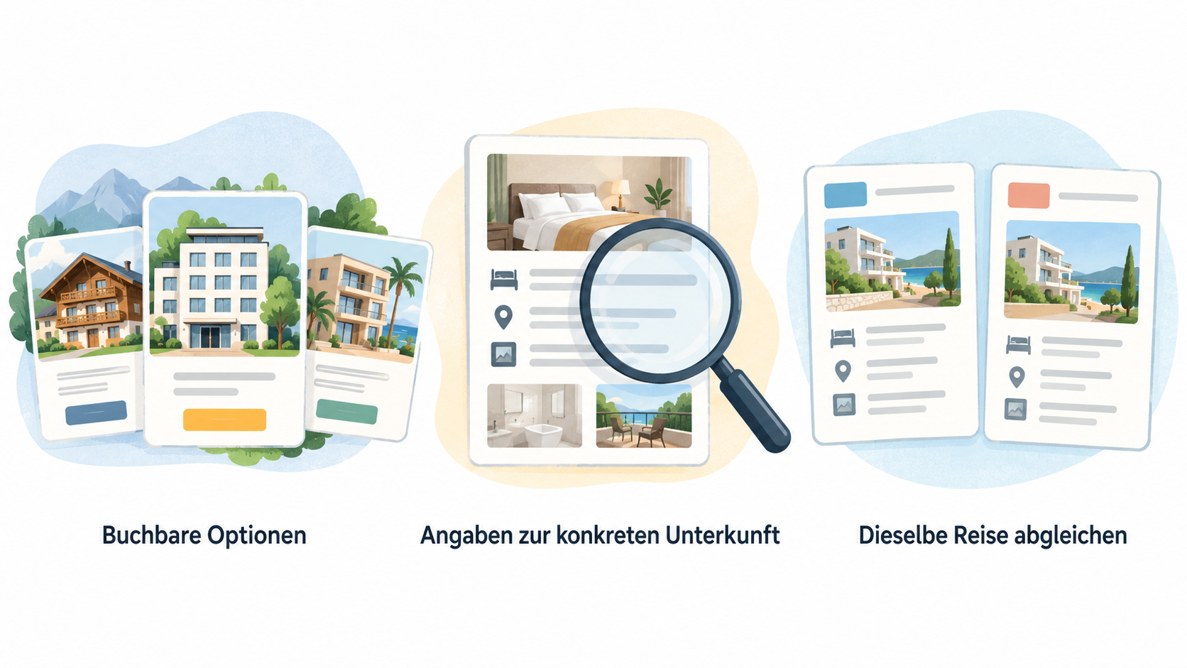 One horizontal row of three icons showing the section's stated checks by travel context: „Wochenendreise mit wenig Änderungsrisiko: Endpreis“; „Geschäftsreise: Rechnungsangaben,
