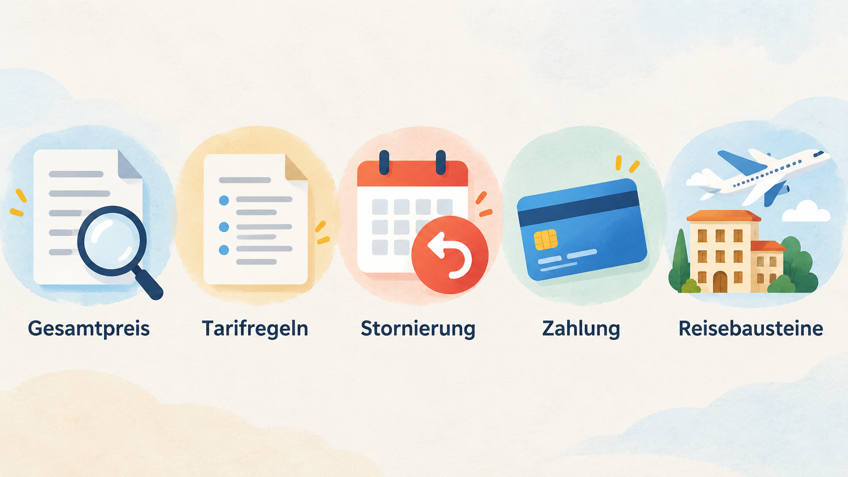 Expedia als Ausgangspunkt für mehrere Reisebausteine zeigen; die fünf Kategorien Flug, Hotel, Ferienunterkunft, Mietwagen und Kreuzfahrt übersichtlich zusammenfassen.