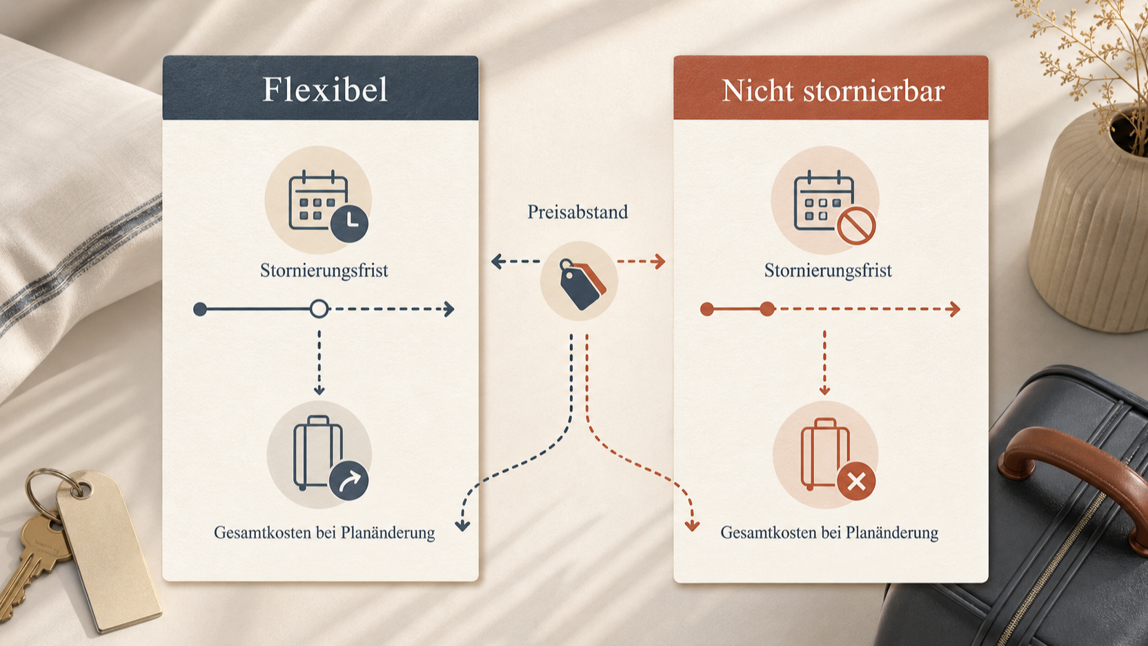 Redaktionelle Illustration zu Flexible oder nicht stornierbare Hoteltarife: Wann welcher Tarif passt